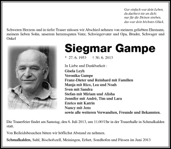Traueranzeige von Siegmar Gampe von Südthüringer Presse