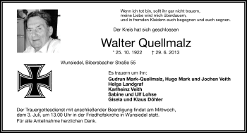 Traueranzeige von Walter Quellmalz von Frankenpost
