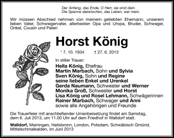 Traueranzeige von Horst König von Südthüringer Presse