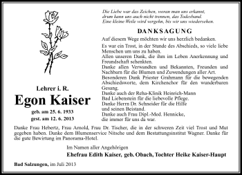 Traueranzeige von Egon Kaiser von Südthüringer Presse