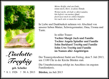 Traueranzeige von Liselotte Treybig von Südthüringer Presse