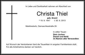 Traueranzeige von Christa Thiel von Frankenpost