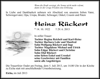 Traueranzeige von Heinz Rückert von Südthüringer Presse