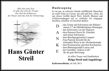 Traueranzeige von Hans Günter Streil von Südthüringer Presse