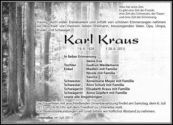 Traueranzeige von Karl Kraus von Südthüringer Presse
