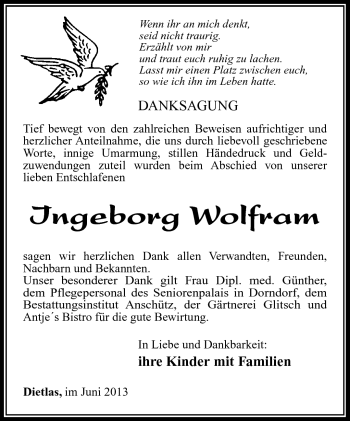 Traueranzeige von Ingeborg Wolfram von Südthüringer Presse