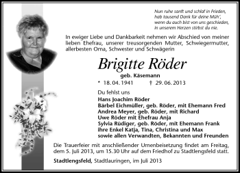 Traueranzeige von Brigitte Röder von Südthüringer Presse