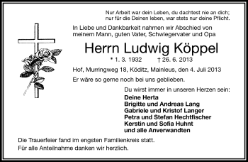 Traueranzeige von Ludwig Köppel von Frankenpost