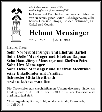 Traueranzeige von Helmut Mensinger von Südthüringer Presse