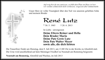 Traueranzeige von René Lutz von Südthüringer Presse