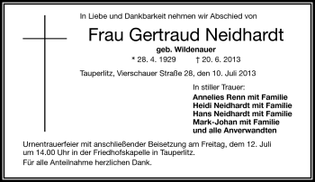 Traueranzeige von Gertraud Neidhardt von Frankenpost