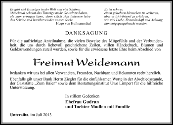 Traueranzeige von Freimut Weidemann von Südthüringer Presse