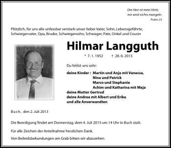 Traueranzeige von Hilmar Langguth von Neue Presse Coburg