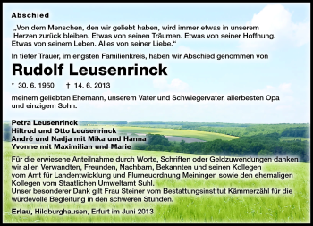 Traueranzeige von Rudolf Leusenrinck von Südthüringer Presse