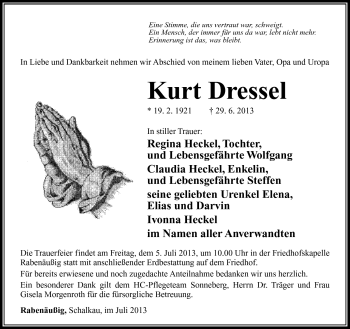 Traueranzeige von Kurt Dressel von Südthüringer Presse
