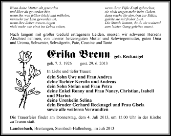 Traueranzeige von Erika Brenn von Südthüringer Presse