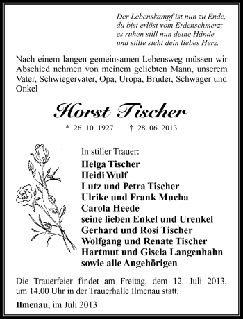 Traueranzeige von Horst Tischer von Südthüringer Presse