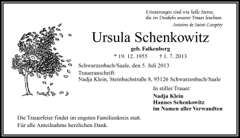 Traueranzeige von Ursula Schenkowitz von Frankenpost