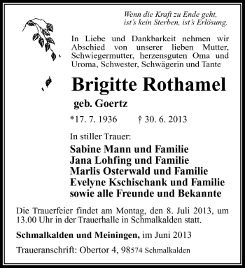 Traueranzeige von Brigitte Rothamel von Südthüringer Presse
