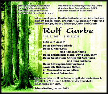 Traueranzeige von Rolf Garbe von Südthüringer Presse