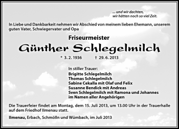 Traueranzeige von Günther Schlegelmilch von Südthüringer Presse