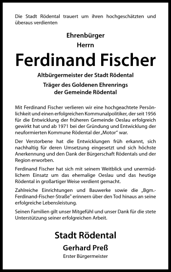 Traueranzeige von Ferdinand Fischer von Neue Presse Coburg