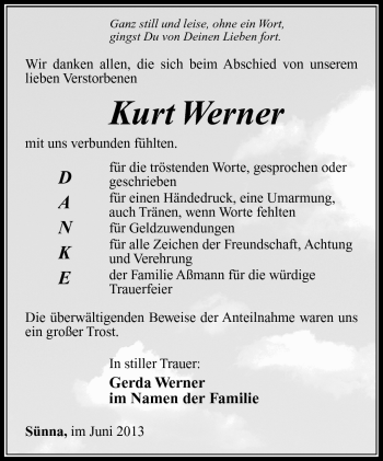 Traueranzeige von Kurt Werner von Südthüringer Presse