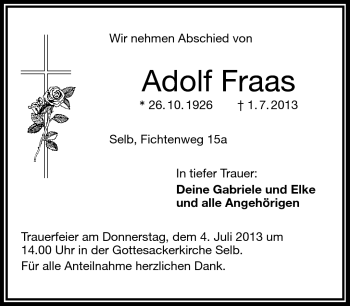 Traueranzeige von Adolf Fraas von Frankenpost