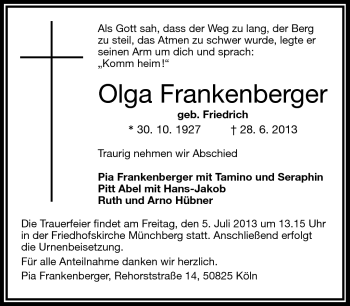 Traueranzeige von Olga Frankenberger von Frankenpost