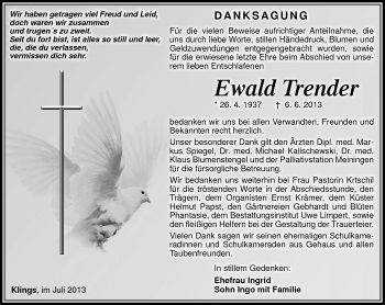 Traueranzeige von Ewald Trender von Südthüringer Presse