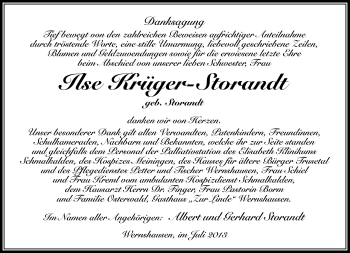 Traueranzeige von Ilse Krüger-Storandt von Südthüringer Presse