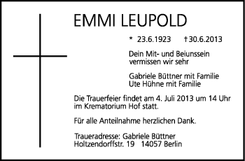 Traueranzeige von Emmi Leupold von Frankenpost