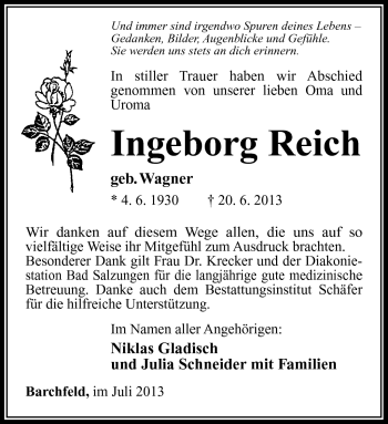 Traueranzeige von Ingeborg Reich von Südthüringer Presse