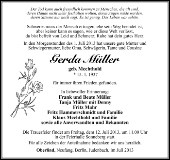 Traueranzeige von Gerda Müller von Südthüringer Presse