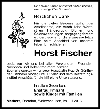Traueranzeige von Horst Fischer von Südthüringer Presse