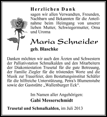Traueranzeige von Maria Schneider von Südthüringer Presse