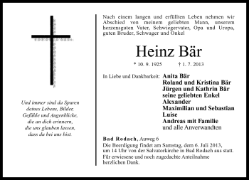 Traueranzeige von Heinz Bär von Neue Presse Coburg