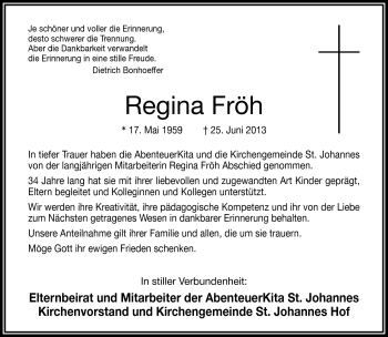 Traueranzeige von Regina Fröh von Frankenpost