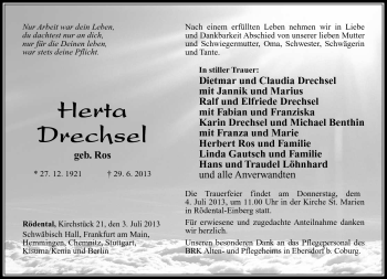 Traueranzeige von Herta Drechsel von Neue Presse Coburg