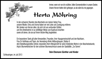 Traueranzeige von Herta Möhring von Südthüringer Presse