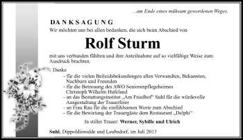 Traueranzeige von Rolf Sturm von Südthüringer Presse