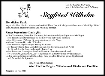 Traueranzeige von Siegfried Wilhelm von Südthüringer Presse
