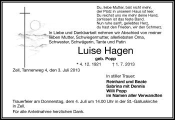 Traueranzeige von Luise Hagen von Frankenpost