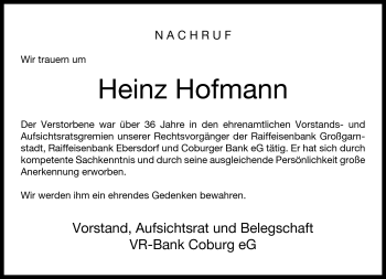Traueranzeige von Heinz Hofmann von Neue Presse Coburg