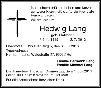 Traueranzeige von Hedwig Lang von Frankenpost