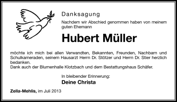 Traueranzeige von Hubert Müller von Südthüringer Presse