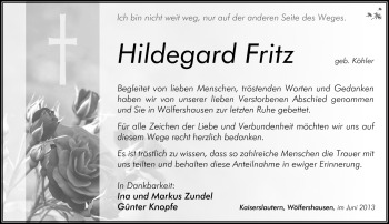 Traueranzeige von Hildegard Fritz von Südthüringer Presse