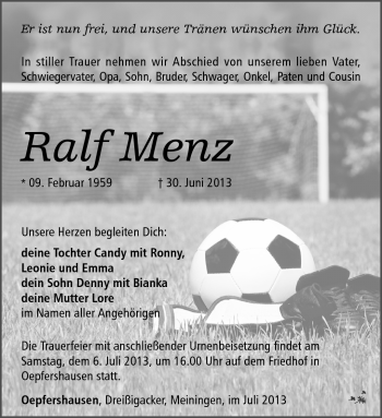 Traueranzeige von Ralf Menz von Südthüringer Presse