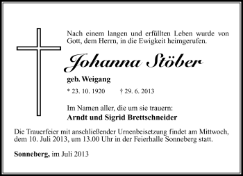 Traueranzeige von Johanna Stöber von Südthüringer Presse