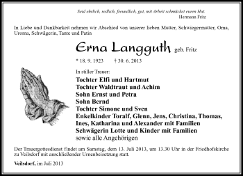 Traueranzeige von Erna Langguth von Südthüringer Presse